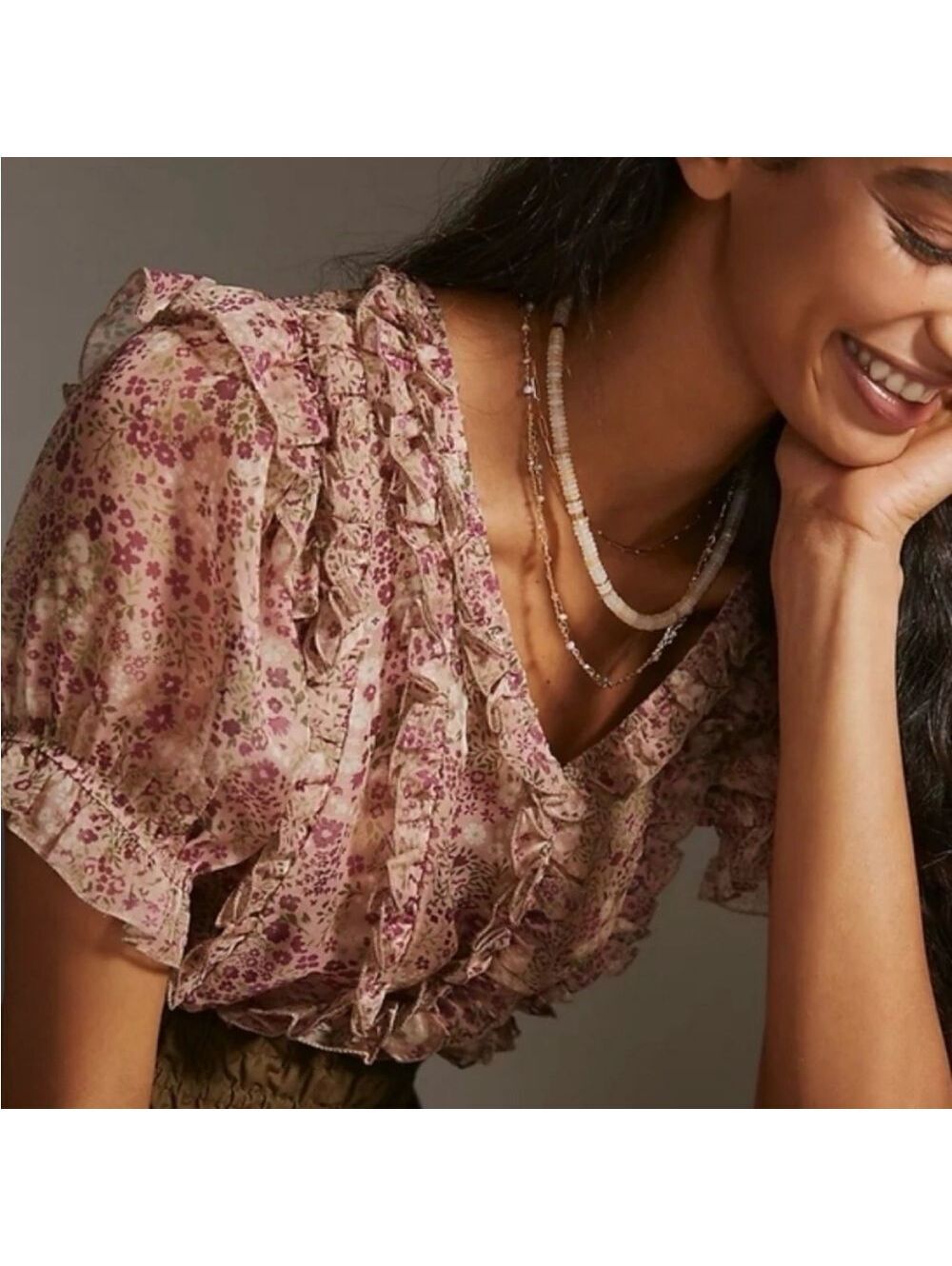 Anthropologie Pink Floral Ruffle V-Neck Blouse